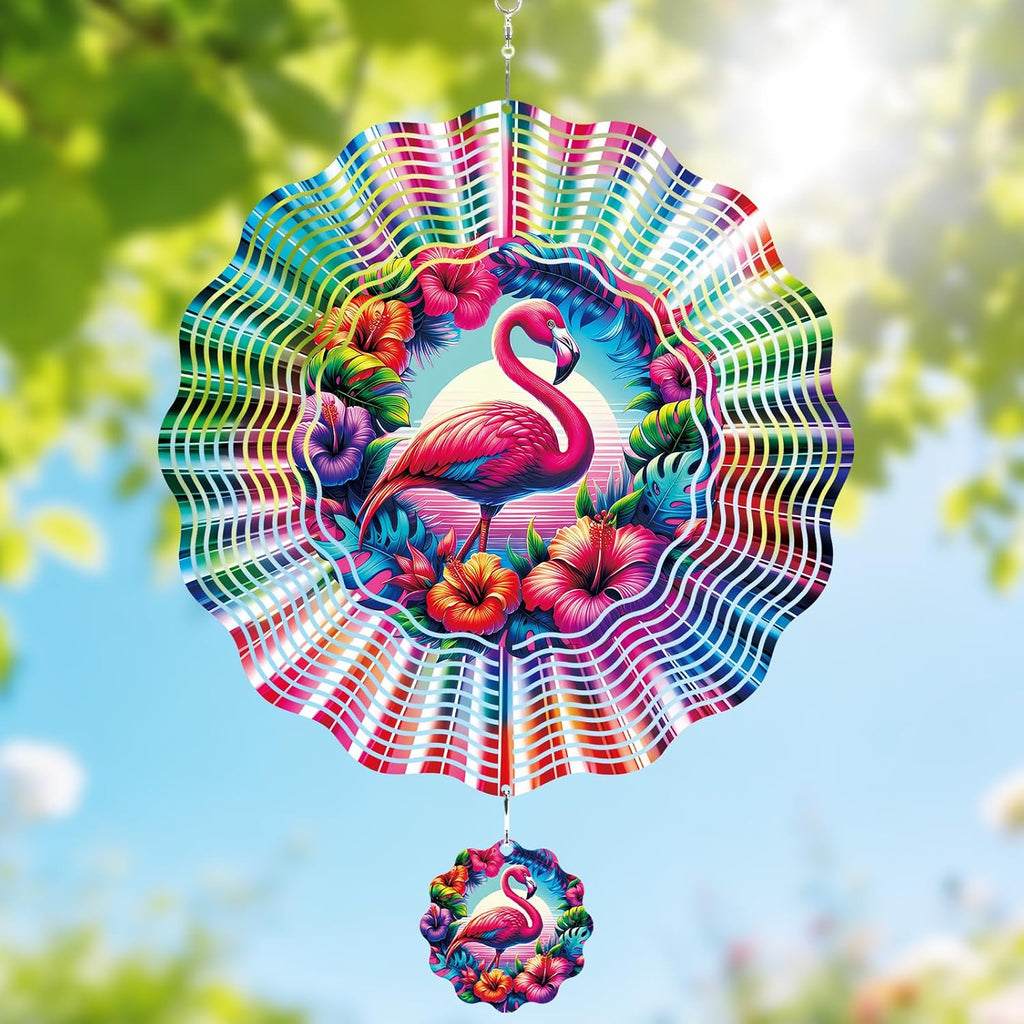 Flamingo Wind Spinner Outdoor - 12 Inch Hawaiian Style 3D Tropical Hanging Decor, Colorful Floral Iron Spinner Gift for Women, Kinetic Wind Art Ornament for Garden Yard Patio Balcony