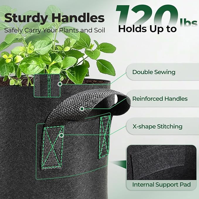 T4U 7 Gallon Grow Bags, Upgrade Grow Bags with Handles, Heavy Duty Thickened Nonwoven Fabric Pots, 7 Gallon Pots for Plants, Bell Pepper, Chili, Carrot, Kale (10 Pack)