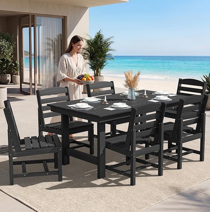 SERWALL Patio Dining Sets for 10 Person, HDPE Dining Set with 2 Tables, 8 Armless Chairs and 2 Armed Dining Chairs, Black