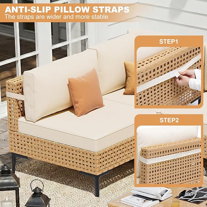 ABCASA Patio Furniture Set, 110" Large 9-Piece Wicker Outdoor Patio Furniture Sets with Anti-Slip Cushions & Coffee Table,Boho Patio Conversation Set Sectional Sofa for Backyard,Porch,Deck,Beige