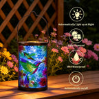 Hummingbird Solar Lantern, Hanging Glass Outdoor Garden Light | Raised hummingbird artwork, colorful fused glass, warm dusk glow, solar auto on/off, hang or stand on patio, porch and garden