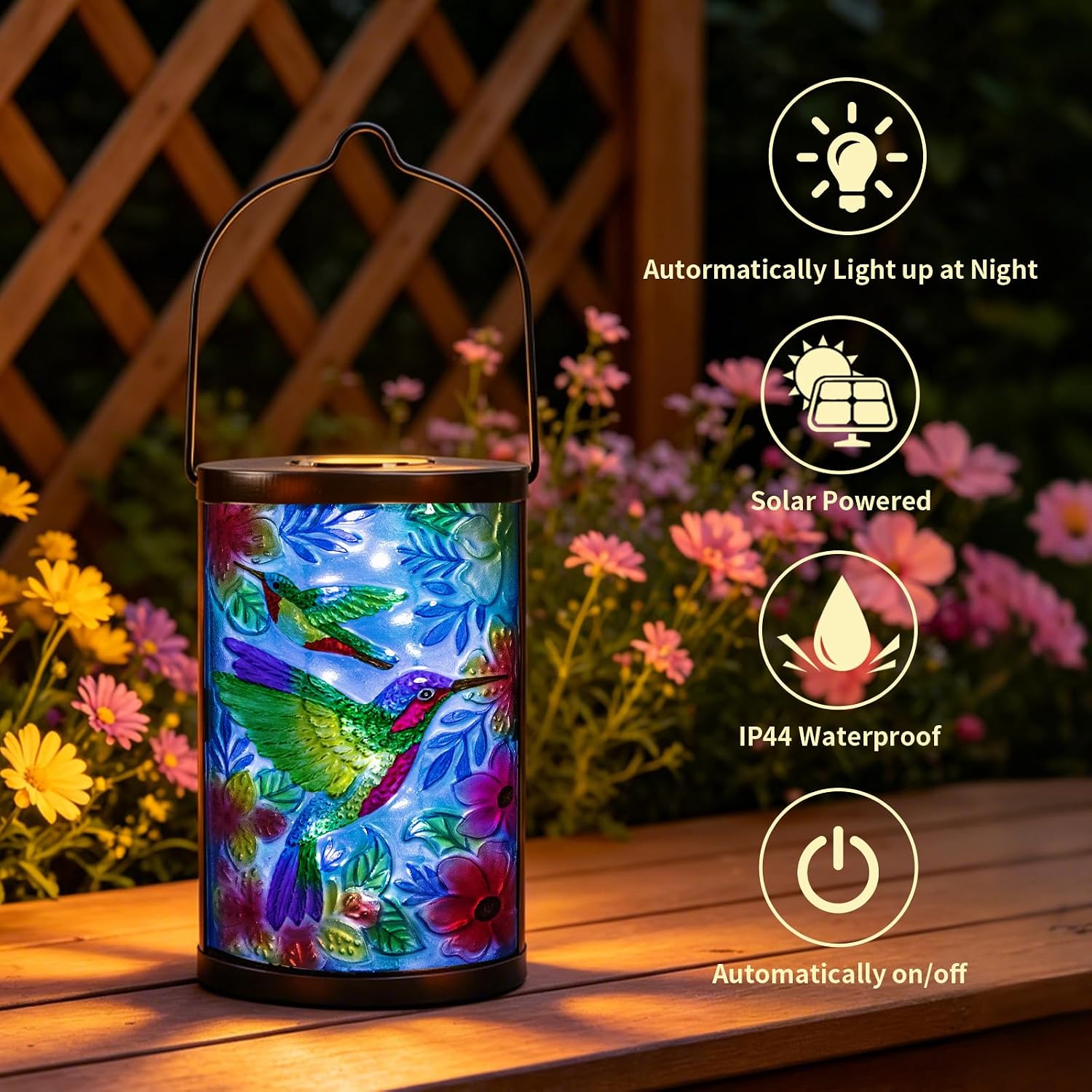 Hummingbird Solar Lantern, Hanging Glass Outdoor Garden Light | Raised hummingbird artwork, colorful fused glass, warm dusk glow, solar auto on/off, hang or stand on patio, porch and garden