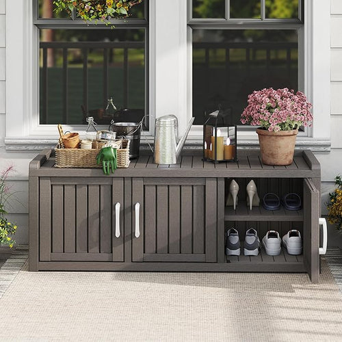 2-Tier Storage Bench, Waterproof UV-Resistant Outdoor Shoe Storage Cabinet with 3 Doors & Adjustable Shelves for Indoor Outdoor Entryway, Hallway, Living Room (Grey)