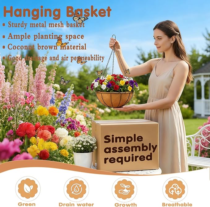 14 inch Metal Hanging Baskets For Plants Outdoor 4 Pack Round Metal Wire Hanging Basket Planter with Coco Fiber Liners Chain Round Wire Plant Holder for Garden, Patio, Deck, Porch Plants Flower Potss