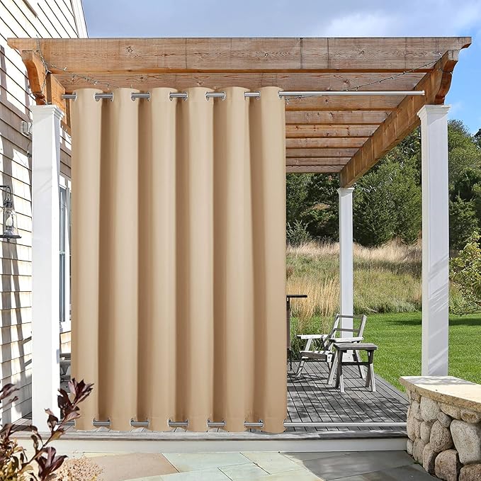 NICETOWN Outdoor Patio Curtain Windproof & Waterproof, Thermal Insulated Light Blocking Top & Bottom Grommets Drape, Windproof and Better Privacy for Porch, Biscotti Beige, W84 x L84, 1 Panel