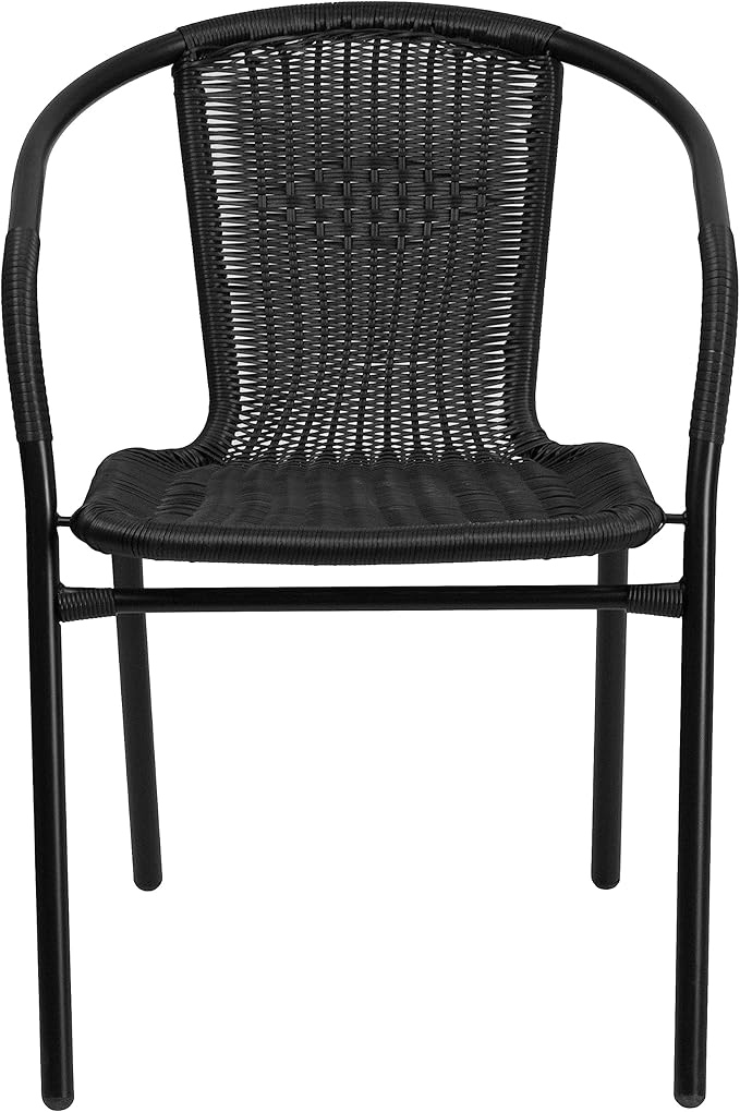 EMMA + OLIVER Set of 2 Modern Rattan Indoor/Outdoor Stack Chairs, Stacking Rattan Patio Chairs with Curved Back and Cross Bracing, Black