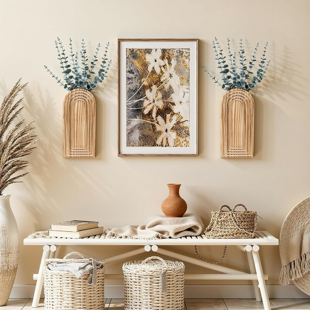 DREAMLOOM 2 Pack Wooden Wall Vases with Eucalyptus Artificial Plants, Wall Hanging Planters Boho Modern Farmhouse Indoor for Narrow Spaces Entryway Bathroom Home Office Decoration, Brown
