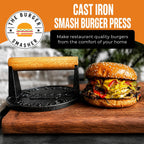The Burger Smasher™ Pre-Seasoned Heavy Duty Cast Iron Smash Burger Press Kit - Heat Resistant Burger Smasher for Griddle, Food, Chef, Meat & Cooking Press, Hamburger Smasher - 30 Patty Paper