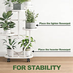 Plant Stand 5 Tier Indoor Outdoor Metal Flower Shelf with Wheels Multi Plants Holder Display Rack for Garden Patio Balcony Living Room White (White, 5 Tier)