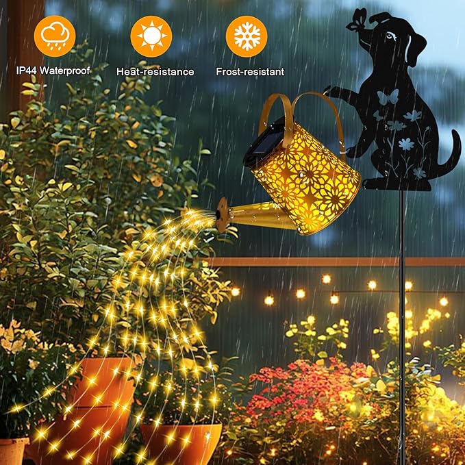 Solar Lights Outdoor Decorative, Watering Can with Cascading Lights, with Dog Silhouette Garden Stakes, Gifts for Mom Women, Waterproof Metal Garden Decor for Yard Art, Outside(1 Pack)