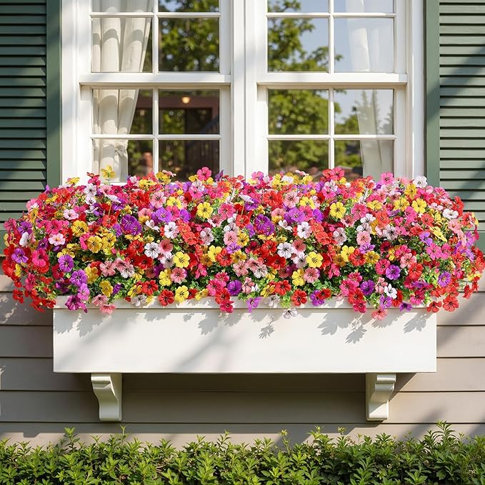 Alupssuc 24 Bundles Artificial Flowers for Outdoors Decoration, UV Resistant Silk Faux Daisy Flora Spring Fake Plastic Plants Greenery for Outside Indoor Yard Home Porch Window Box Decor, Mix 6 Colors