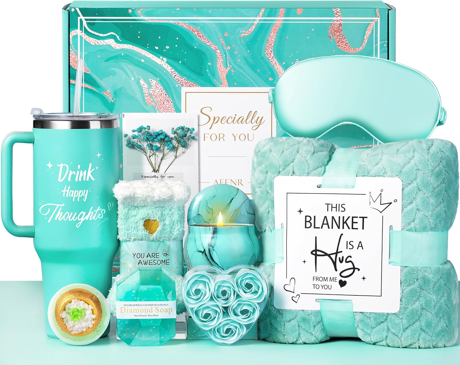 Birthday Gifts for Women, Self Care Get Well Soon Gift Baskets for Mom Her Sister Wife Girlfriend Ocean Relaxing Spa Care Package w/Blanket 40 OZ Tumbler Unique Thinking of You Inspirational Gift