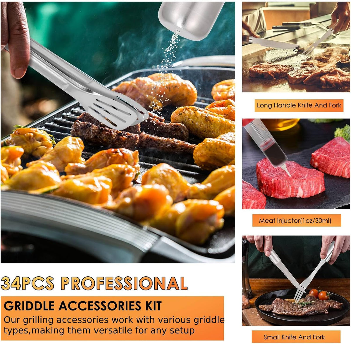 yoehka bbq grilling accessories set, 34pcs heavy duty, close-up detail