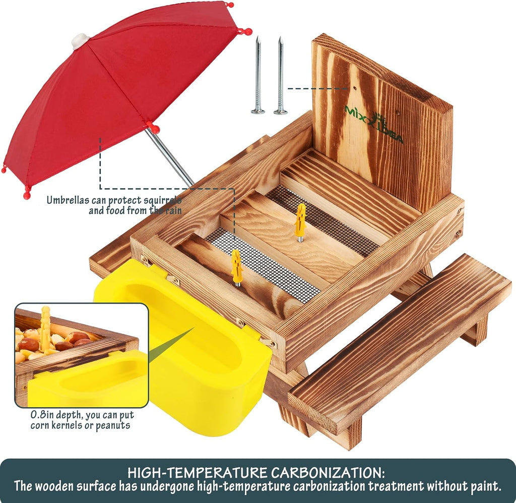 Wooden Squirrel Feeder Table with Water Bowl, Squirrel Picnic Table for Outside with Umbrella, Brown Squirrel Feeder with Corn Cob Holder Cute Chipmunk Feeder (Brown)