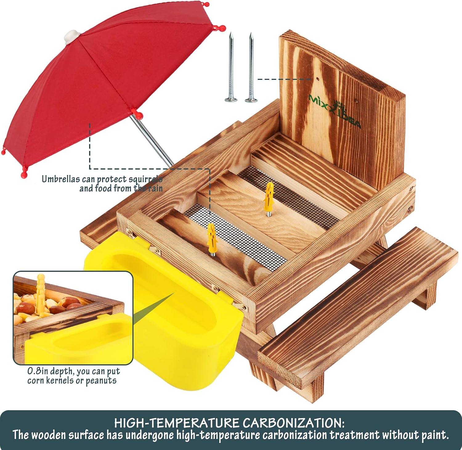 Wooden Squirrel Feeder Table with Water Bowl, Squirrel Picnic Table for Outside with Umbrella, Brown Squirrel Feeder with Corn Cob Holder Cute Chipmunk Feeder (Brown)