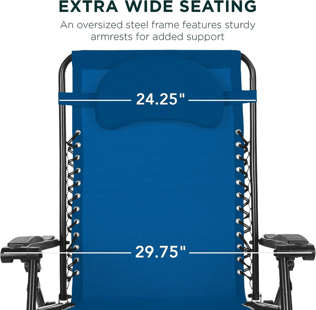Best Choice Products Oversized Zero Gravity Chair, Folding Outdoor Patio Lounge Recliner w/Cup Holder Accessory Tray, Pillow - Marine Blue