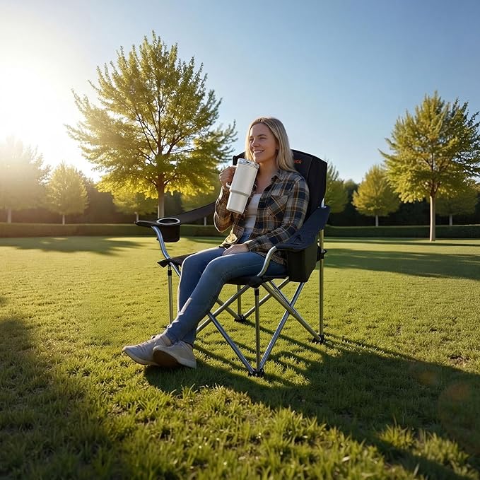 VEVOR Oversized Camping Folding Chair, Portable Heavy Duty Outdoor Quad Lumbar Back Padded with Side Pockets, Cup Holder and Cooler Bag for Beach, Lawn, Picnic, Fishing, Backpacking, 2 Pack