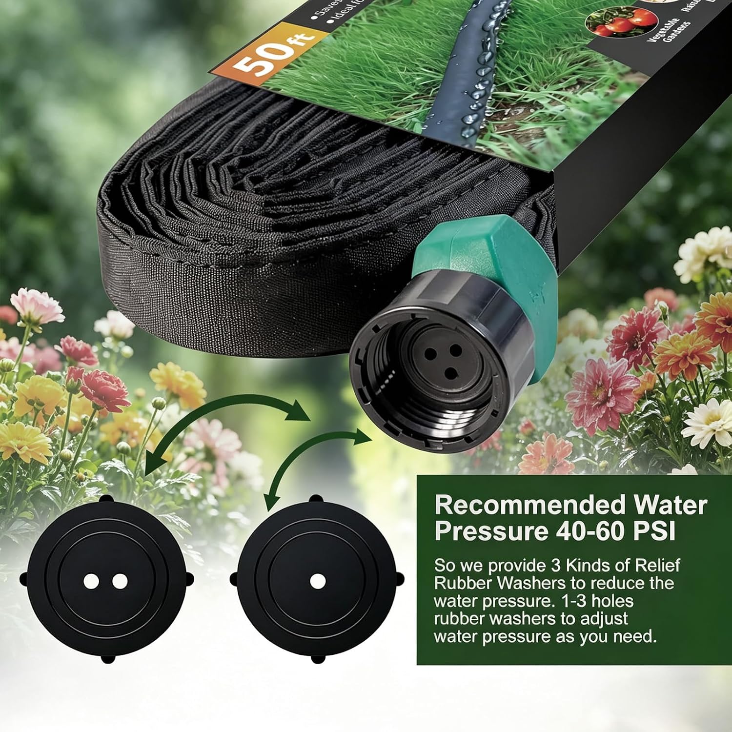 Flat Soaker Hose 25 ft 4-Pack with Splitter, 80% Water-Saving Drip Irrigation Hose 100 ft, Linkable DIY Garden Soaker Hose System for Garden Beds, Lawn, Vegetables & Trees (25ft 4-pack)