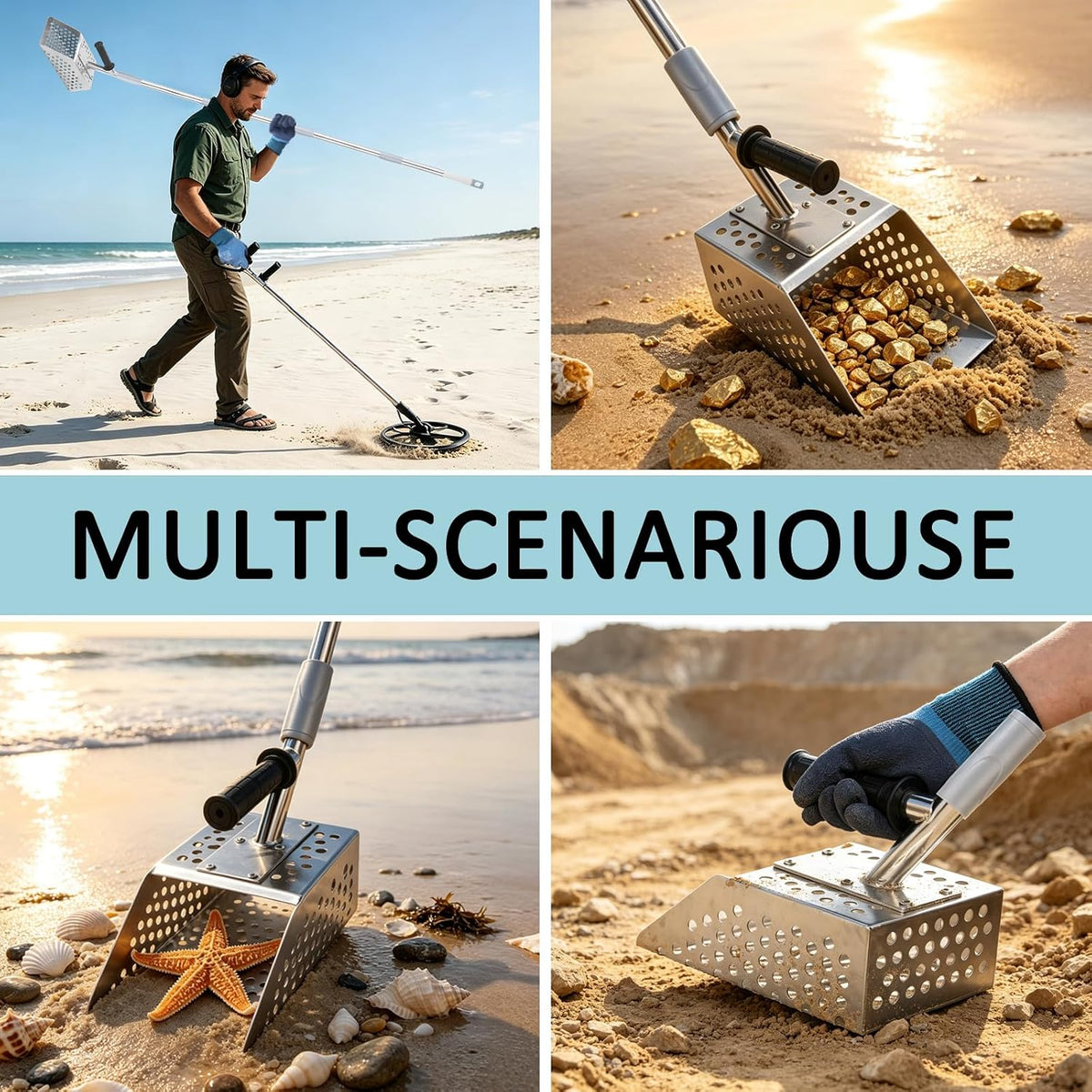 sand scoop for metal detecting, long handle sand shown in use