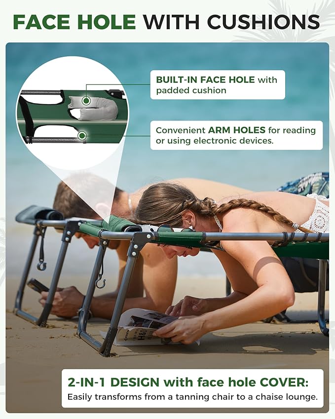KingCamp 2 Pack Lounge Chair Outdoor with Canopy & Face Hole, Adjustable 5-Position Folding Chaise Tanning Recliner Portable Comfy Chaiser for Camping Outside Patio Pool Beach, Green/White