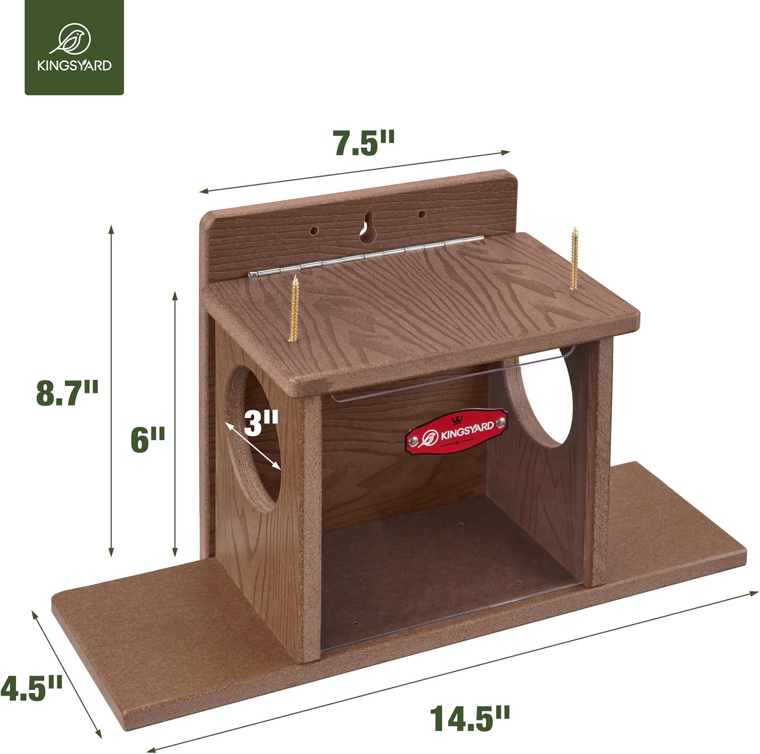Kingsyard Squirrel Feeder Box for Outside, Recycled Plastic Squirrel Feeder Box with Corn Cob Holders, Easy to Refill & Clean, Weather-Proof (Brown) | Recycled Plastic, Corn Cob Holders, Extended Side Platform, Easy to Refill & Clean, Weatherproof Roof