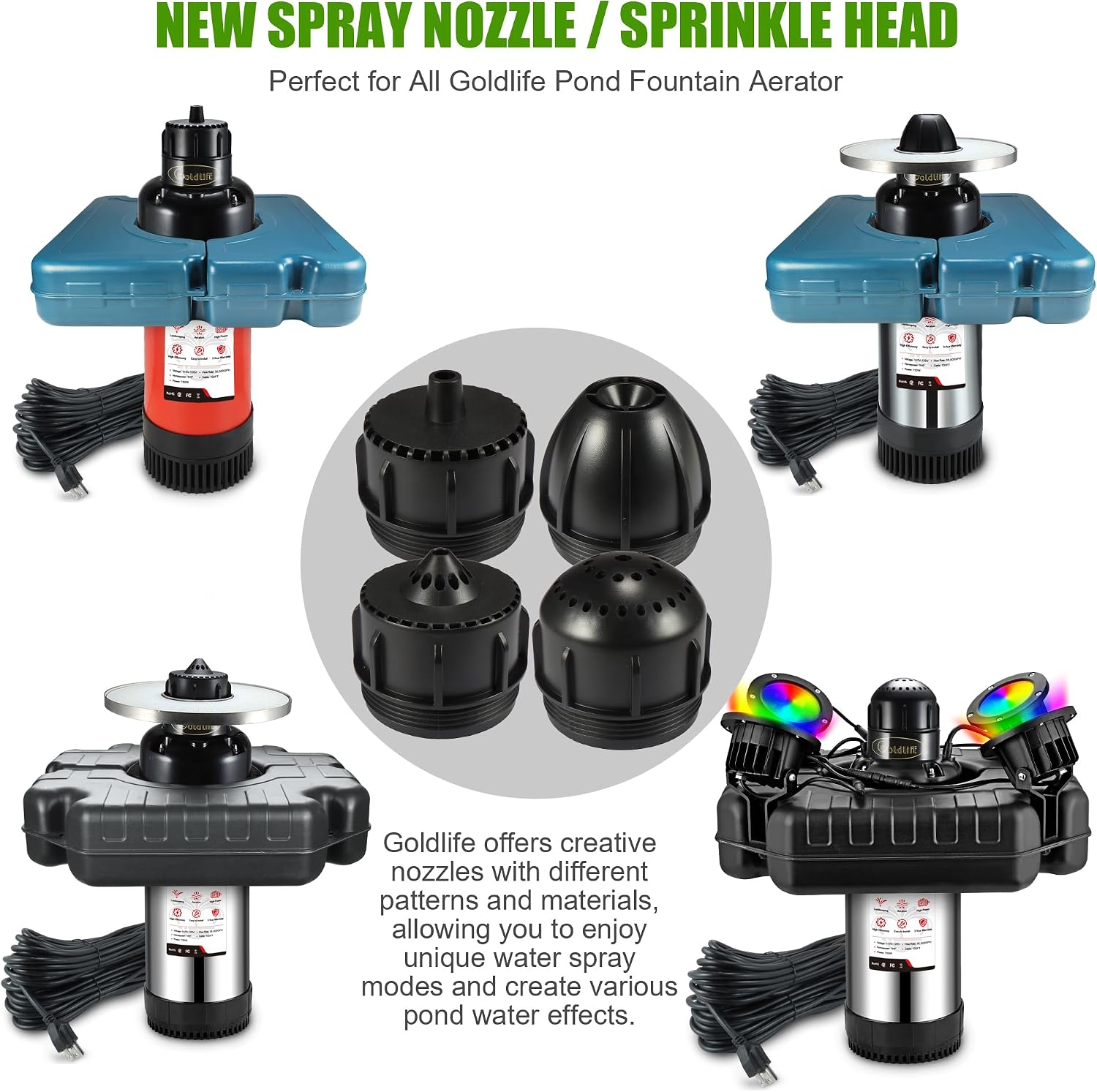 Goldlife Pond Fountain Aerator Nozzle - N3 Nozzle Kit, 4-in-1 Unique Water Flow Modes, Black ABS Water Spray Sprinkler Head, Replacement Fountain Aerator Pump Nozzle for Garden Pond Lake