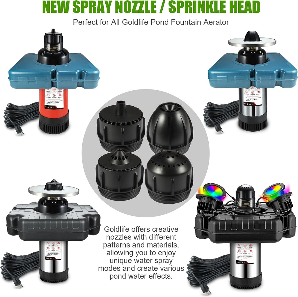 Goldlife Pond Fountain Aerator Nozzle - N3 Nozzle Kit, 4-in-1 Unique Water Flow Modes, Black ABS Water Spray Sprinkler Head, Replacement Fountain Aerator Pump Nozzle for Garden Pond Lake