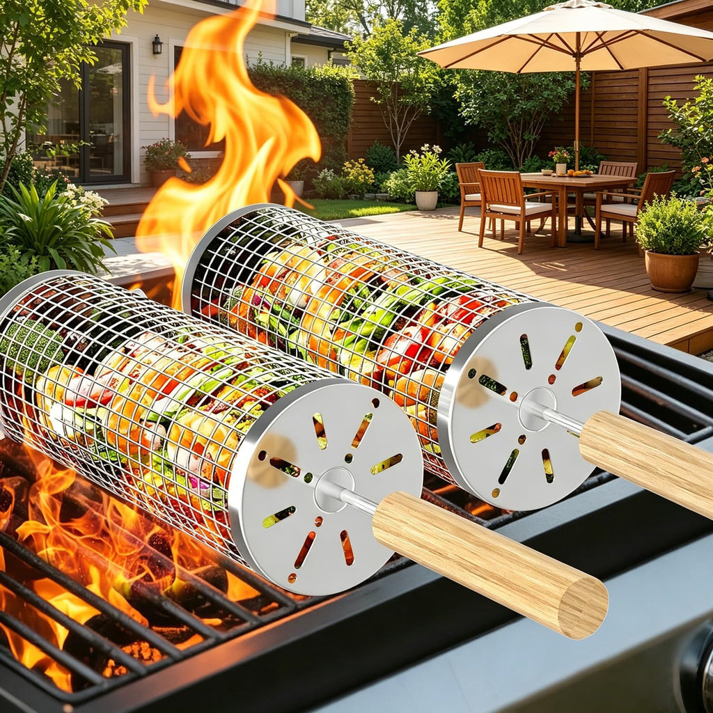 Rolling Grill Basket with Removable Wooden Handle, 304 Stainless Steel, Nesting Grilling Net BBQ Tool Accessories for Veggies, Shrimp, Outdoor Cooking, Camping Ideal Christmas Birthday Gifts