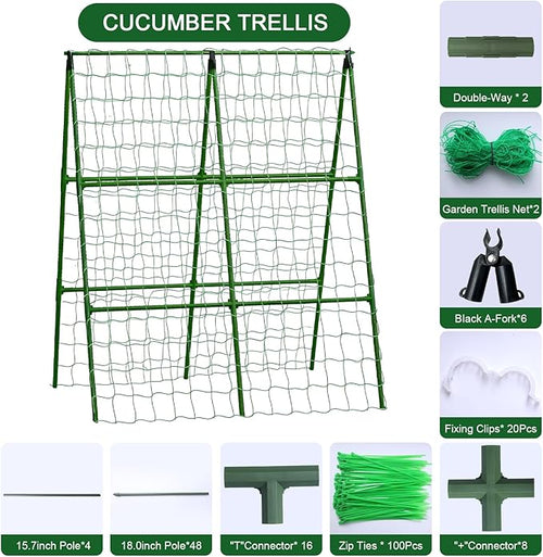 2-Pack A-Frame Cucumber Trellis for Raised Bed - 33"x47" Foldable Garden Trellis with Net & Clips|Space-Saving Metal Plant Support for Cucumber, Tomato, Peas|Rust-Proof Outdoor Climbing Plants Trellis
