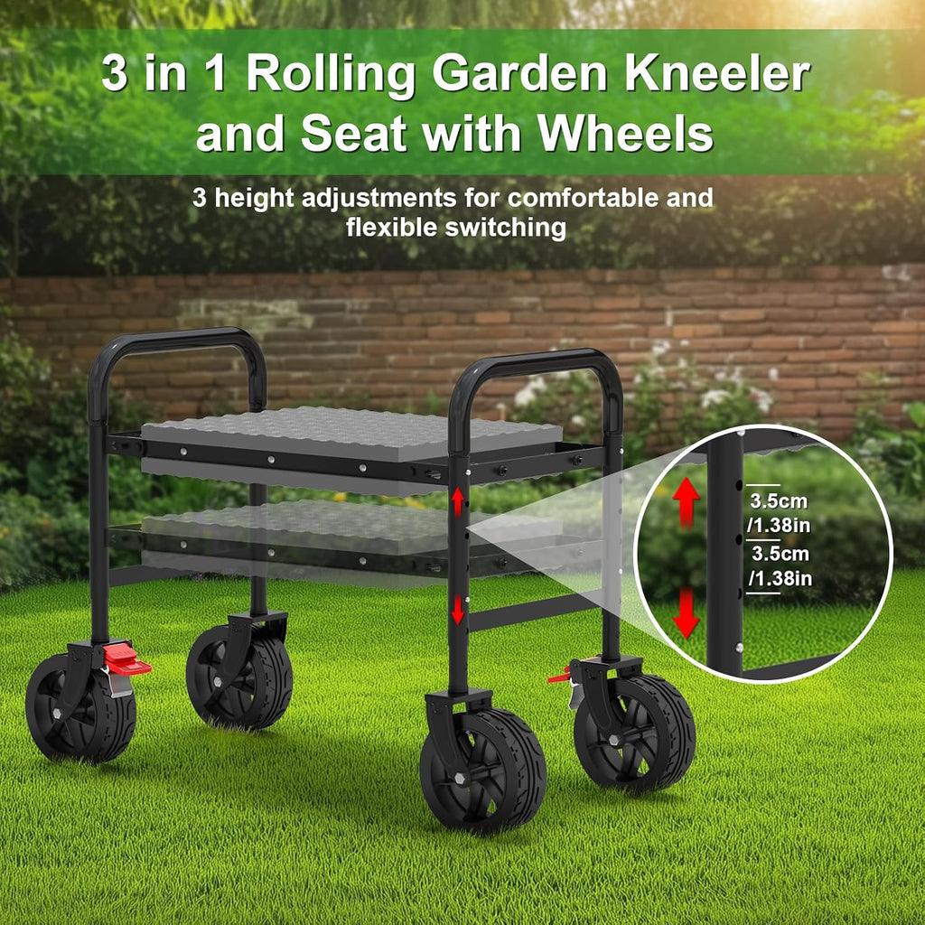 garden seat with 360° brake wheel: 3-in-1 rolling, side view