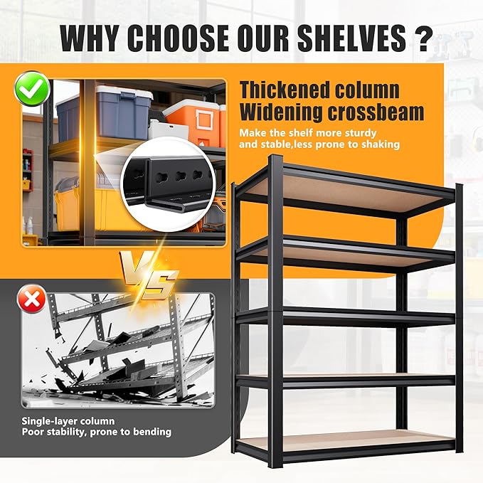 Set of 2 Garage Shelving Heavy Duty Storage Shelves, Metal Adjustable Shelving Unit, Utility Garage Organizer Shelf for Basement, Pantry, Kitchen, Warehouse, 13.8''Dx31.5''Wx71.2''H, Black