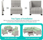 12-Piece Outdoor Patio Furniture Set Wicker Sectional Sofa Set, Patio Conversation Set with Thickened Cushions & Coffee Table for Garden, Backyard, Poolside, Light Green