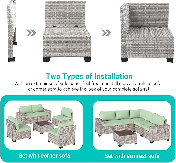 12-Piece Outdoor Patio Furniture Set Wicker Sectional Sofa Set, Patio Conversation Set with Thickened Cushions & Coffee Table for Garden, Backyard, Poolside, Light Green