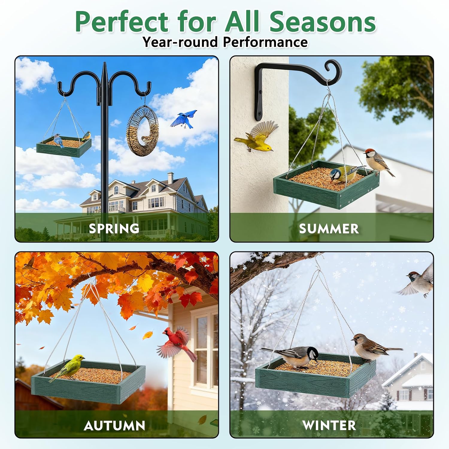 Gtongoko WPC Composite Platform Bird Feeder Hanging, Large 3.5 lbs Capacity, Durable, Seed Tray Bird Feeder for Outdoors with Metal Mesh Bottom Weather-Resistant for Garden Yard, Green