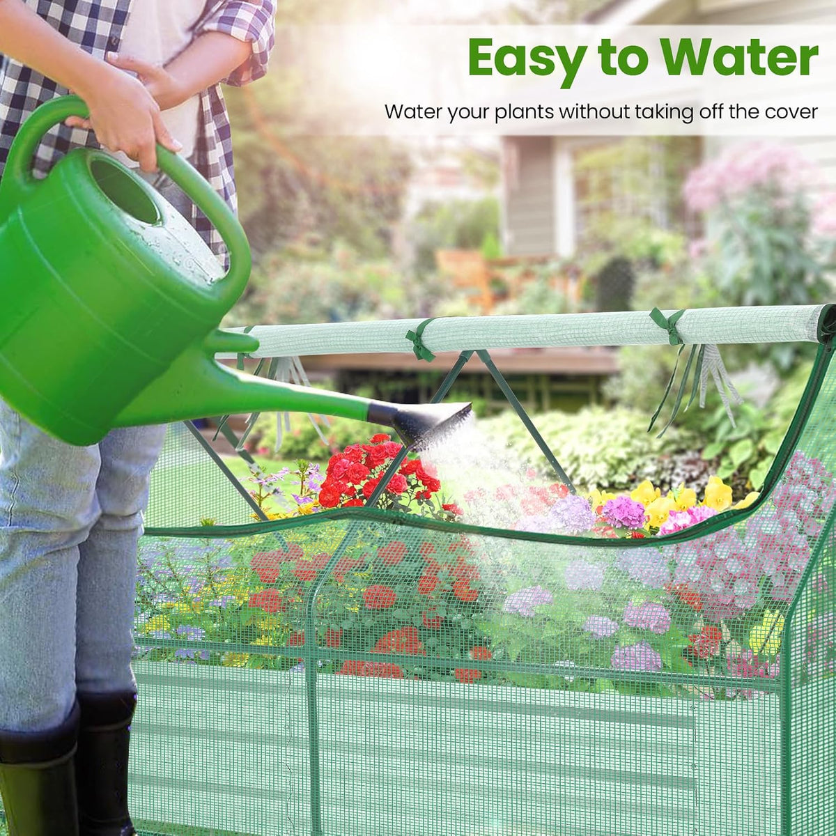 homdox 6x3x3ft galvanized raised garden bed with cover shown in use