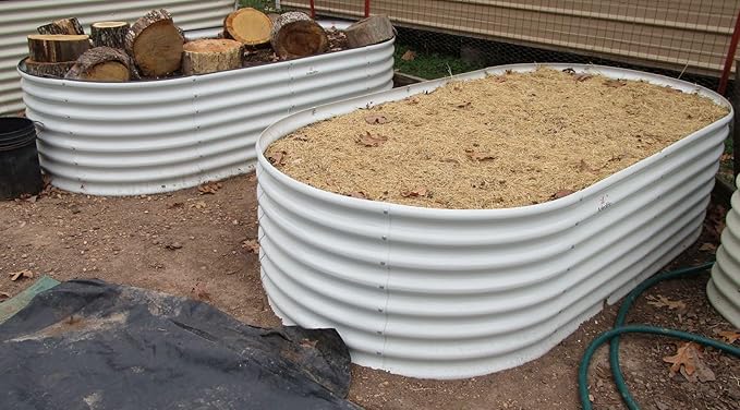A ANLEOLIFE 6-Set 8X4X2 ft Galvanized Raised Garden Bed Kit, Oval Metal Deep Root Planters for Outdoor Plants, Antique White