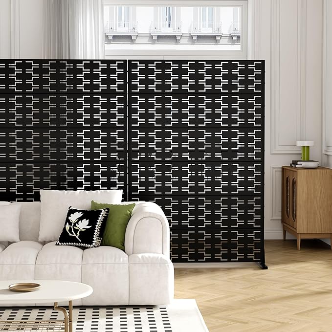 Casaphoria Metal Privacy Screen Outdoor, 72" H x 47" W Freestanding Decorative Privacy Screen for Patio Deck Balcony Garden with Stable Base, Black Brick