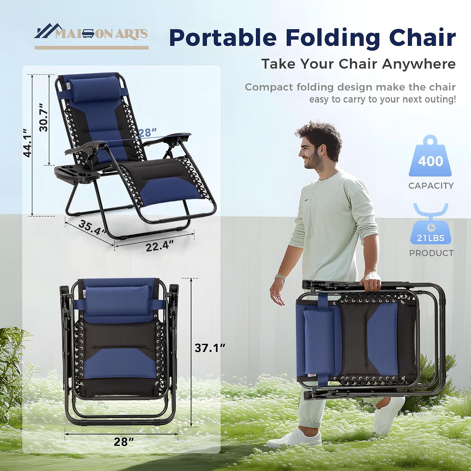 MAISON ARTS Foldable Zero Gravity Chair Set of 2, Cup Holder, 28" Seat Blue | Outdoor Foldable Recliner, Removable Cup Holder, 28in Seat, Armrest Included, Holds Up to 400 LBS