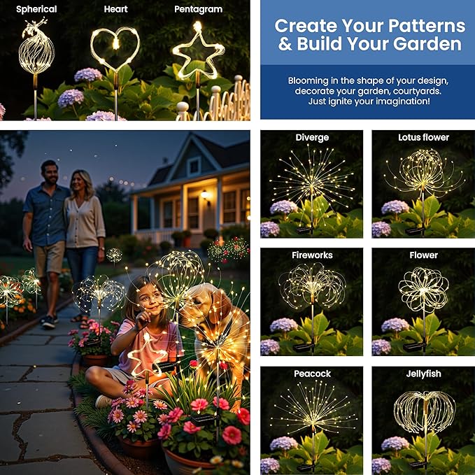 Solar Lights Outdoor, 120LED 2pack Fairy Garden Lights Decor for Outside Fireworks Lights Solar Powered for Yard, Patio, Pathway, Walkway, Balcony, Warm White