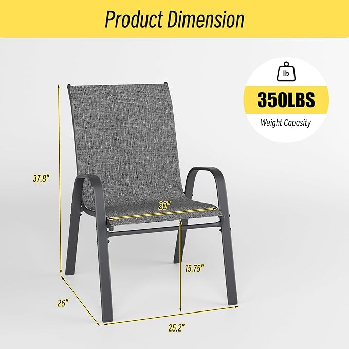Betterhood Patio Chairs Set of 6, Stackable Outdoor Dining Chairs Set with Breathable Seat Fabric, All-Weather Powder-Coated Metal Frame for Deck, Pool Side and Backyard, 350LBS Capacity