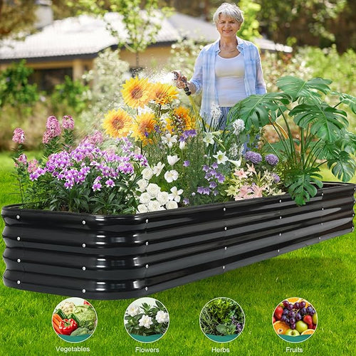 5 in 1 Galvanized Raised Garden Bed - 8x3x1ft (2Packs) Modular Planter Box Outdoor | Metal Raised Bed Kit with Bracing Rods for Gardening Vegetables Flowers Fruits Herbs (Dark Grey)