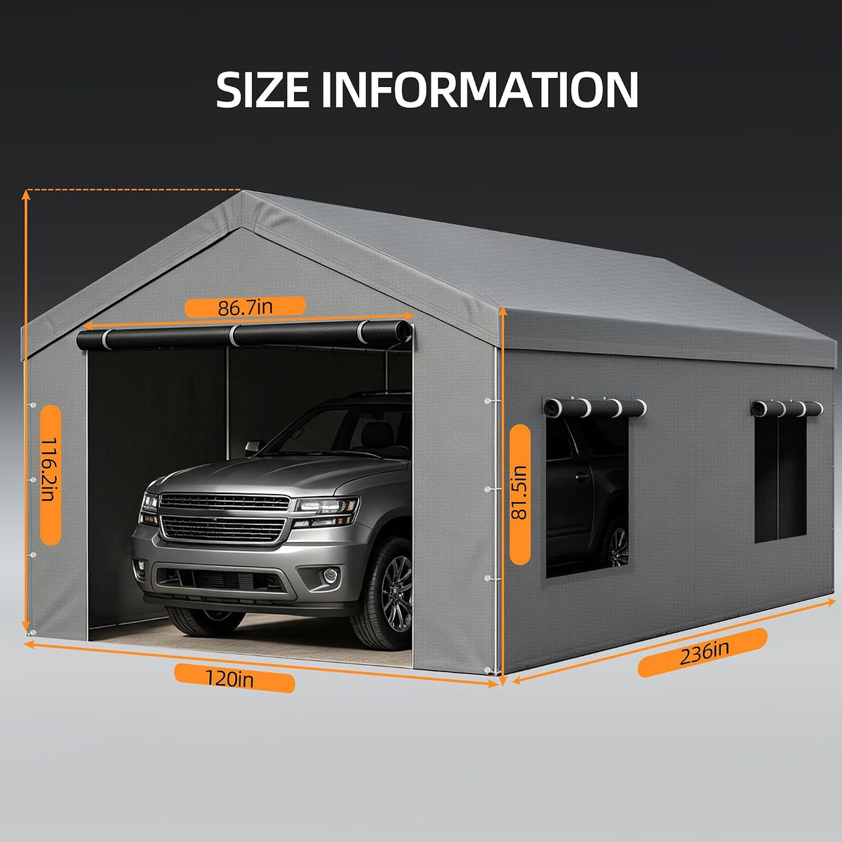 10x20 ft carport replacement zipper door,180g pe waterproof showing dimensions