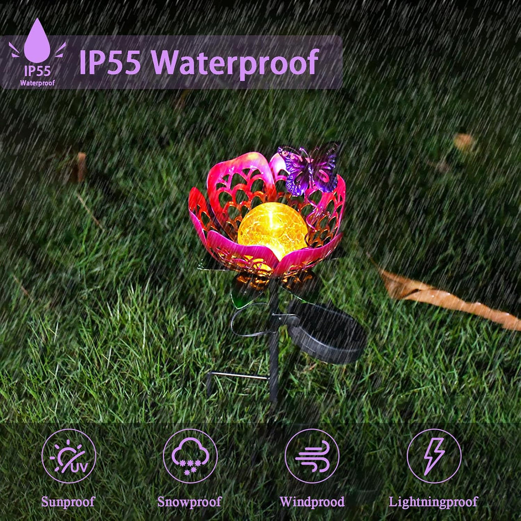 Solar Path Light, 2 Pack Crackle Glass Globe LED Lights, Metal Butterfly Decorations Lights, Hollow Petal Tulip Stake Light for Patio Yard Walkway Ground Lawn Ornaments Gifts (Purple Flower - 2pcs)