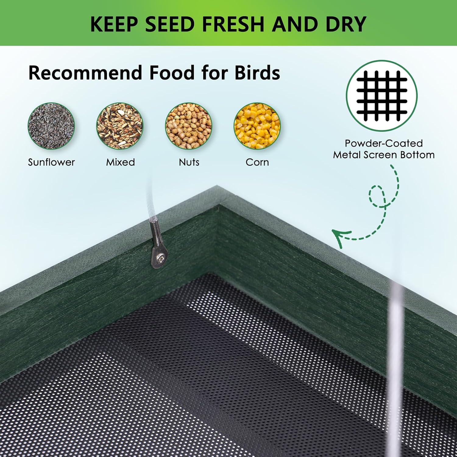 Gtongoko WPC Composite Platform Bird Feeder Hanging, Large 3.5 lbs Capacity, Durable, Seed Tray Bird Feeder for Outdoors with Metal Mesh Bottom Weather-Resistant for Garden Yard, Green