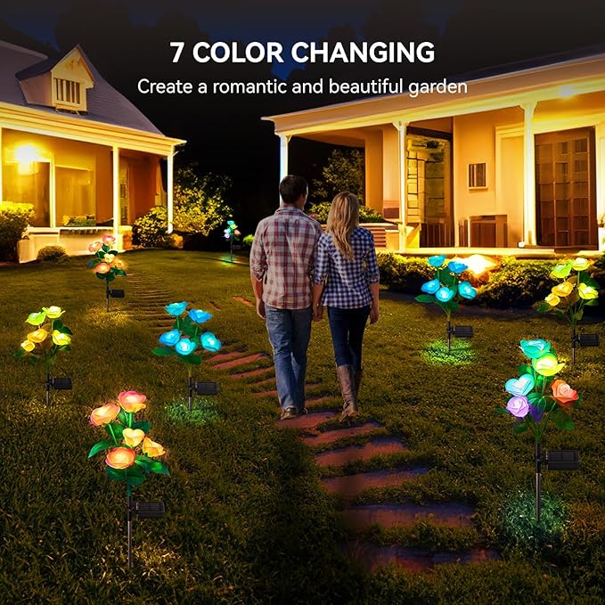 WdtPro Solar Garden Lights Outdoor, 4 Pack Solar Light Outdoor with 20 Rose Flowers, Waterproof 7 Color Changing Solar Powered Flowers Lights for Outside Patio Yard Pathway