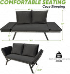 Greesum Outdoor Sofa, Woven Rattan Patio Furniture, Convertible Daybed or Double Chair with Adjustable Armrests, Cushions and Pillows for Yard, Porch, Pool, Black Lounger & Black Pillowcase