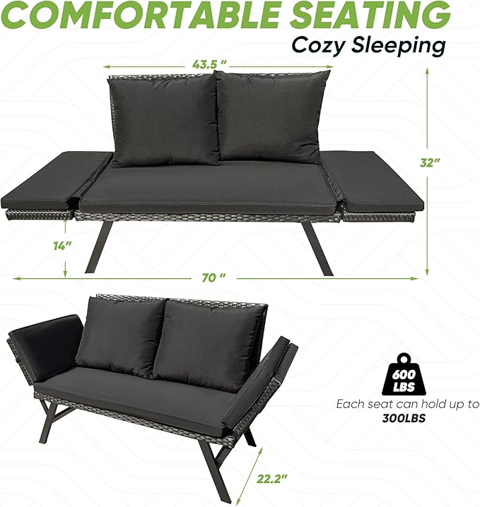 Greesum Outdoor Sofa, Woven Rattan Patio Furniture, Convertible Daybed or Double Chair with Adjustable Armrests, Cushions and Pillows for Yard, Porch, Pool, Black Lounger & Black Pillowcase