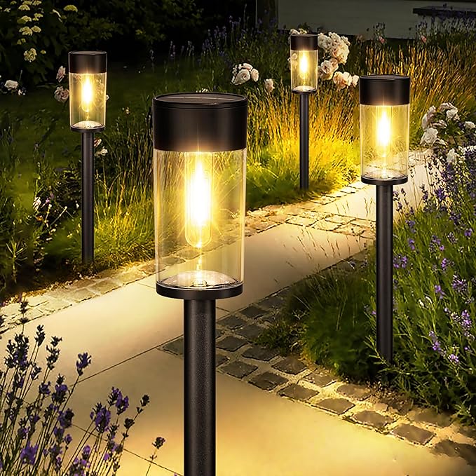 UME 2 Pack Solar Pathway Lights Outdoor, Bright Solar Garden Lights with Metal Design–IP65 Waterproof, Auto On/Off, 3000K LED Landscape Lighting for Yard, Lawn, Walkway, Driveway, Patio Decor