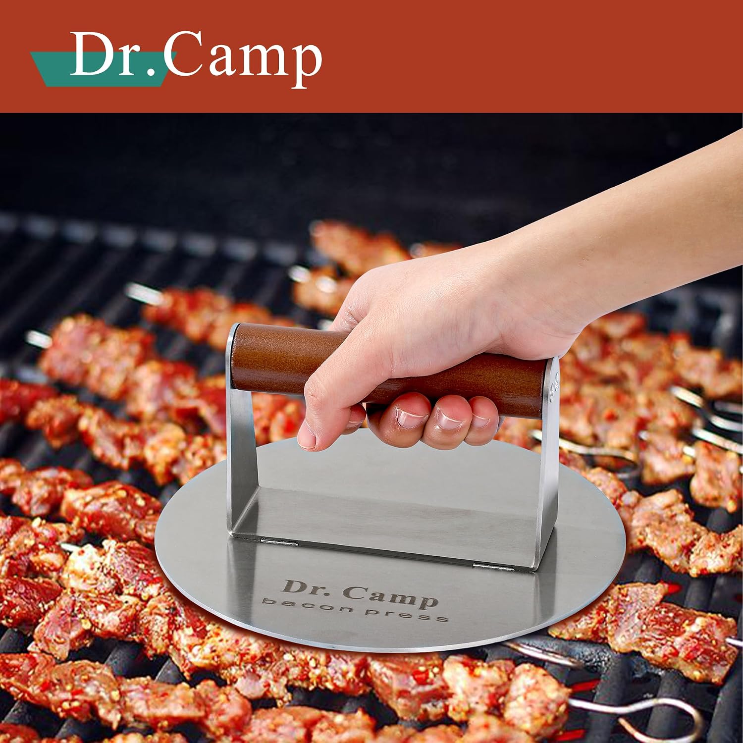 7 Inch Stainless Steel Smash Burger Press Burger Smasher Bacon Press Meat Press for Griddle Flat Top Grill with Solid Wood Handle Smooth Bottom Heavy Duty (Round)