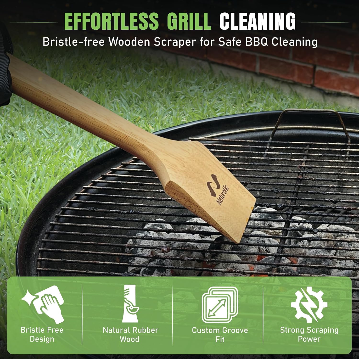 All-Natural Wooden Grill Scraper for BBQ Grilling 14"| Grill Cleaner, Wood Scraper, Grill Grate Cleaner, and BBQ Cleaner | Bristle Free BBQ Scraper for Grill Cleaning | Eco Friendly